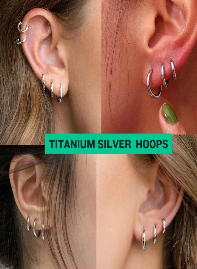 BLISI 3 Pairs ASTM F136 Titanium Silver Hoop Earrings 8mm/10mm/12mm Thick Lightweight Huggie Hoops Earrings for Women Hypoallergenic Sleeper Earrings for Sensitive Ears - Image 3
